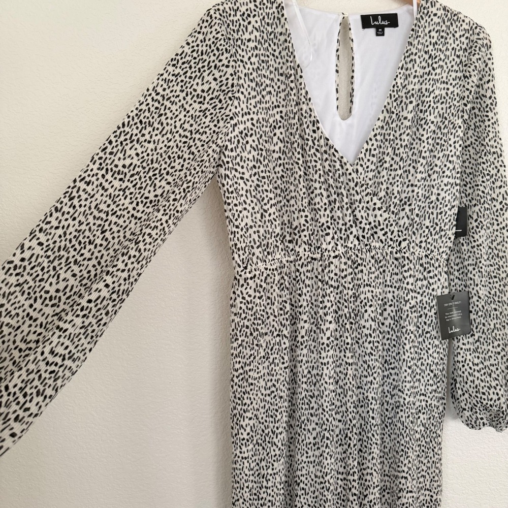 Lulus Wide Leg Jumpsuit Womens M Cream Black Dotted Balloon Sleeve NWT Jumpsuit - Picture 5 of 7